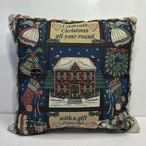 Vintage Christmas Tapestry Needlepoint Pillow 16” Square Celebrate Christmas